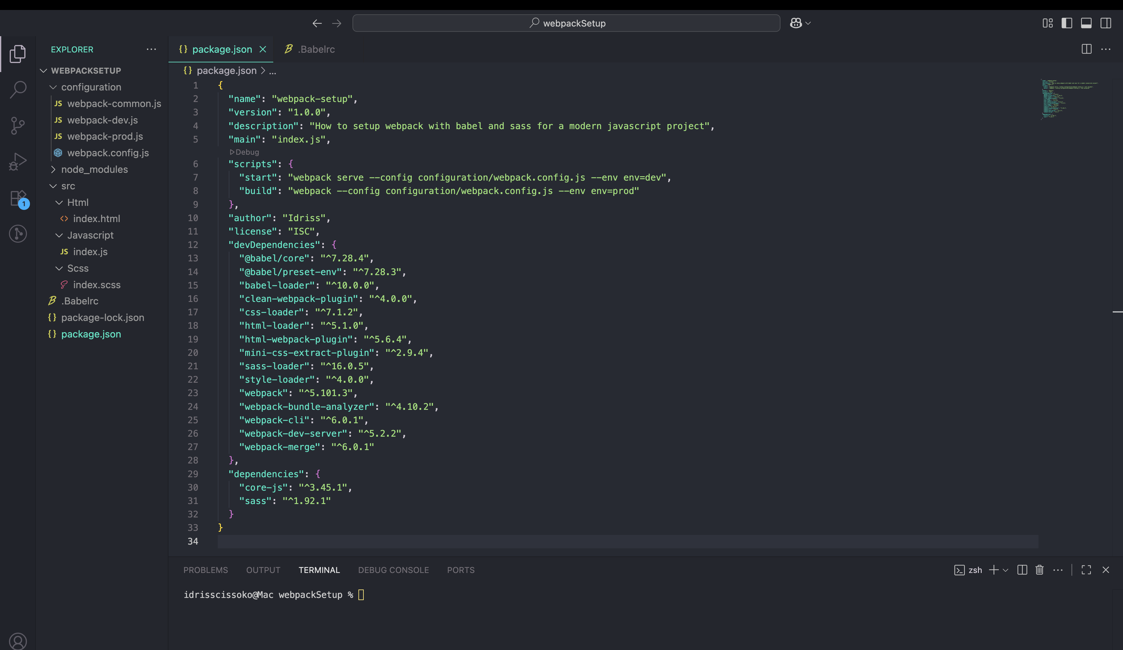 package.json with start, and build script